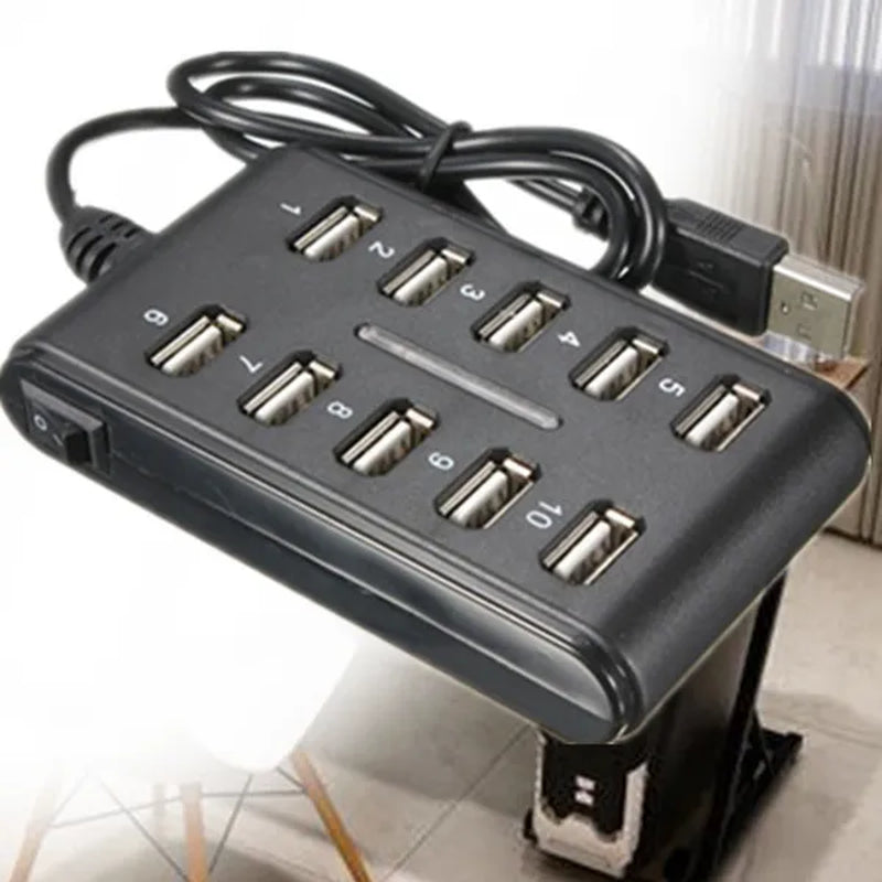 Portable 1PC General Purpose Work Home with Switch ABS Plastic Double Row Ten Port USB HUB