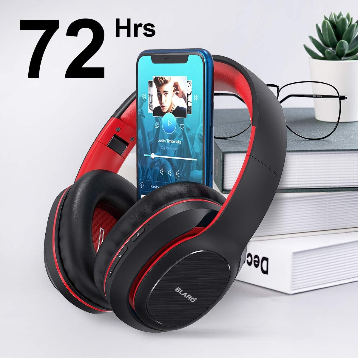 Bluetooth Headphones over Ear, Hi-Fi Deep Bass Wireless and Wired Headsets, 72 Hours Playtime, Soft Memory Protein Earmuffs, Foldable Headphones with CVC6.0 Mic-Red