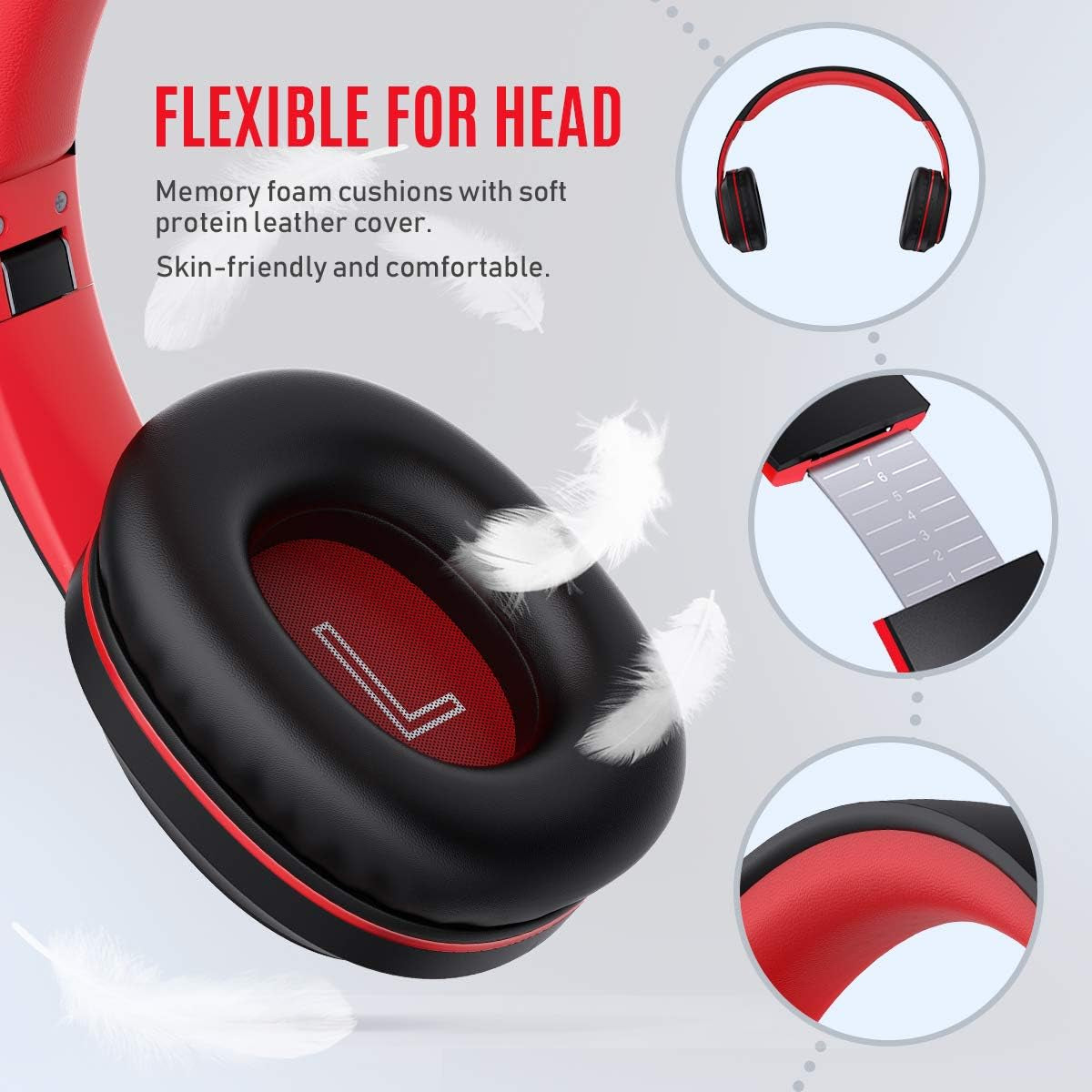 Bluetooth Headphones over Ear, Hi-Fi Deep Bass Wireless and Wired Headsets, 72 Hours Playtime, Soft Memory Protein Earmuffs, Foldable Headphones with CVC6.0 Mic-Red