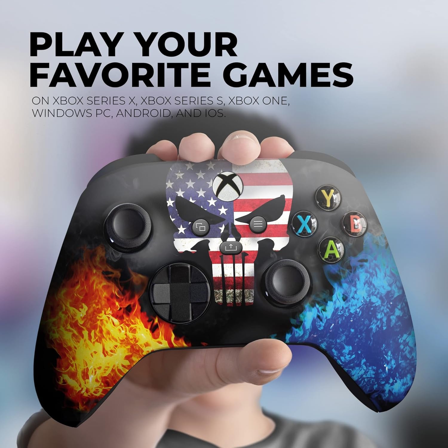 Americcan Warrior Skull Custom X-Box Controller Wireless Compatible with X-Box One/X-Box Series X/S Proudly Customized in USA with Permanent HYDRO-DIP Printing (NOT JUST a SKIN)