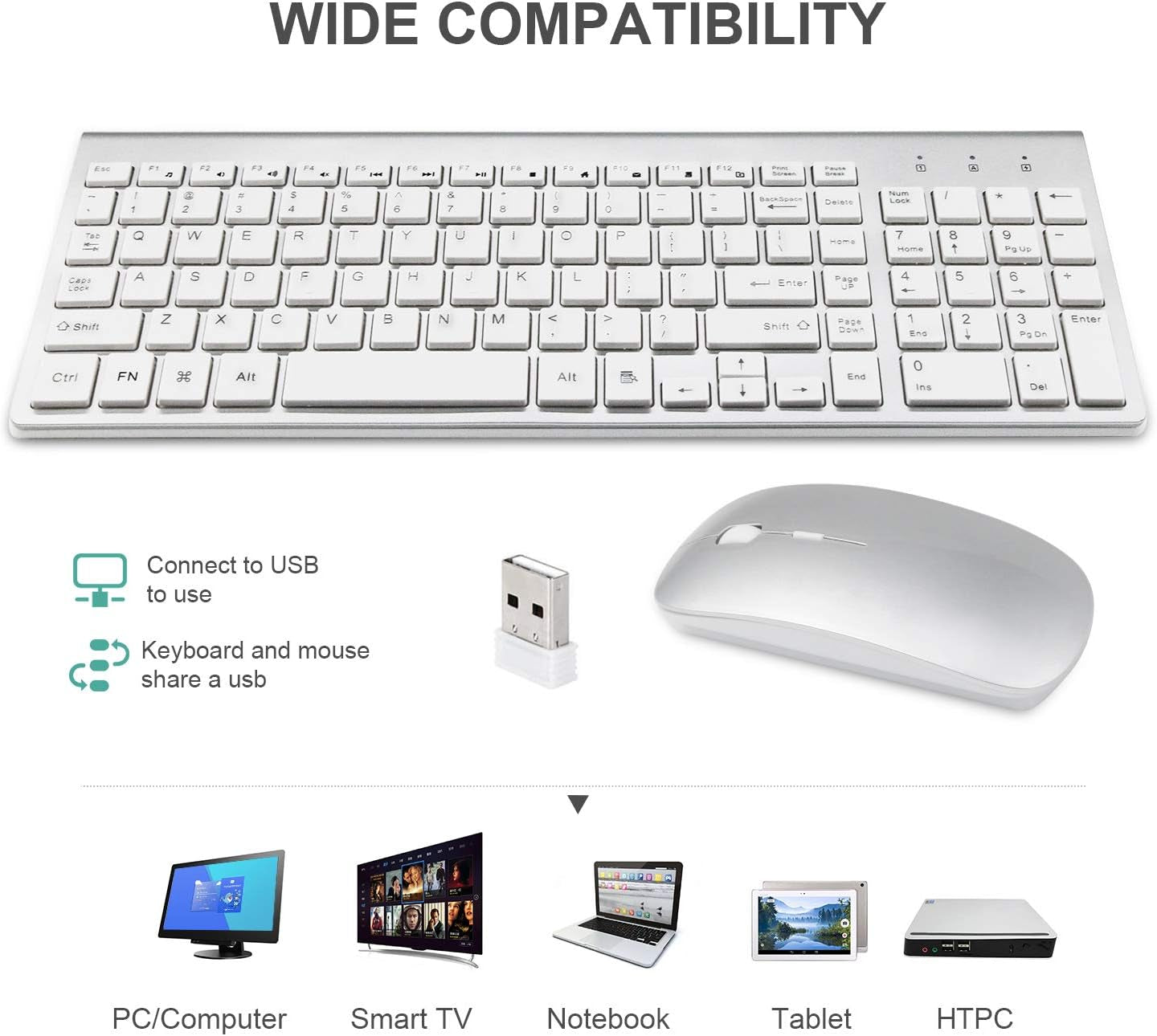 Wireless Keyboard and Mouse Combo, 2.4G Compatible with MAC PC Desktop Laptop Ultra-Thin Laptop Desktop, Available for Windows Android (Silvery)