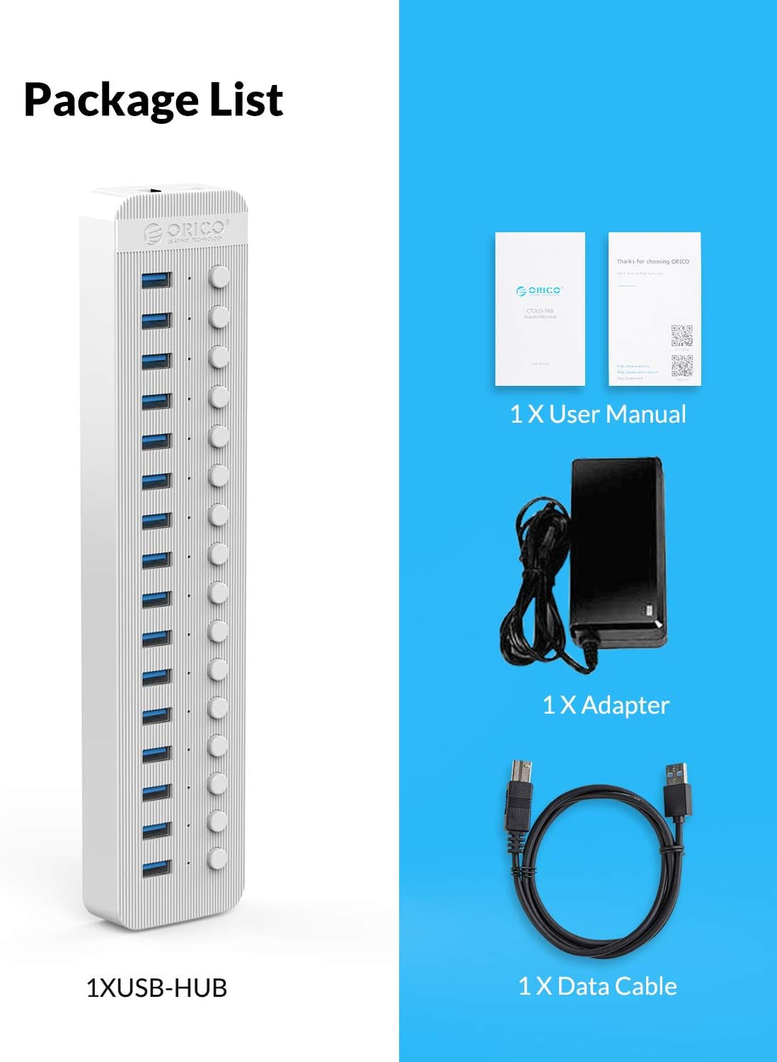 Powered USB Hub 3.0, 16 Ports USB Charger Hub Splitter with 12V/6.5A AC Adapter, Individual On/Off Switches for Desktop Computer, PC, Imac, Mobile HDD, Flash Drive