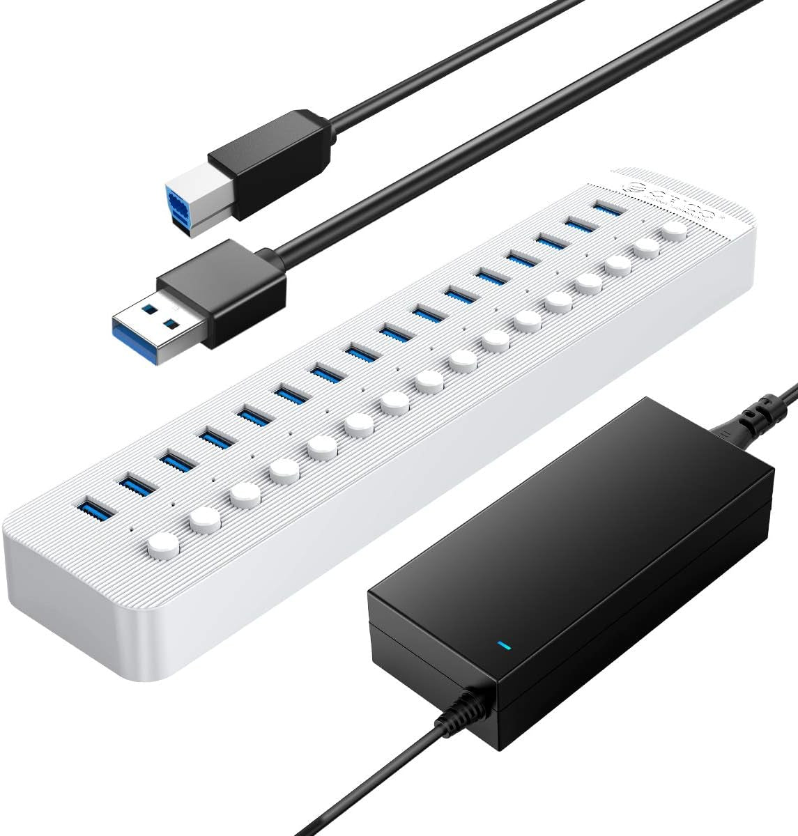 Powered USB Hub 3.0, 16 Ports USB Charger Hub Splitter with 12V/6.5A AC Adapter, Individual On/Off Switches for Desktop Computer, PC, Imac, Mobile HDD, Flash Drive