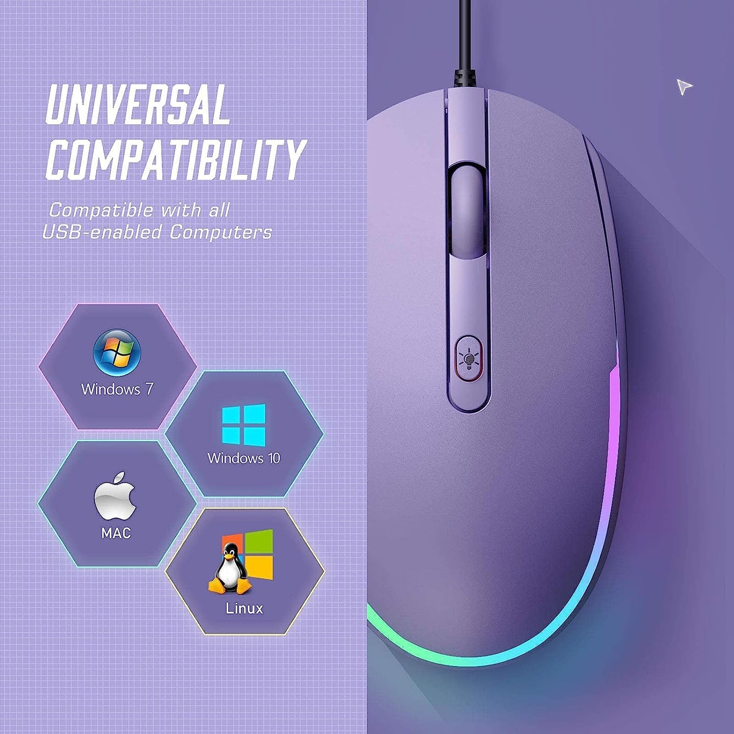 Wired Mouse - USB Computer Mouse Wired with RGB Backlit Optical LED Mouse with Attached USB Cord for Laptops Notebooks Chromebook - Purple