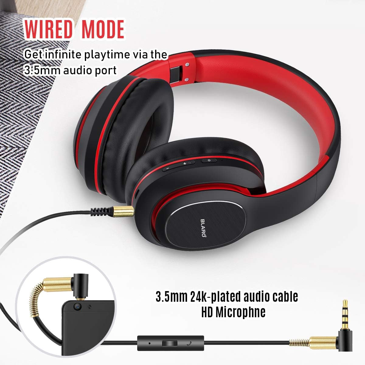 Bluetooth Headphones over Ear, Hi-Fi Deep Bass Wireless and Wired Headsets, 72 Hours Playtime, Soft Memory Protein Earmuffs, Foldable Headphones with CVC6.0 Mic-Red