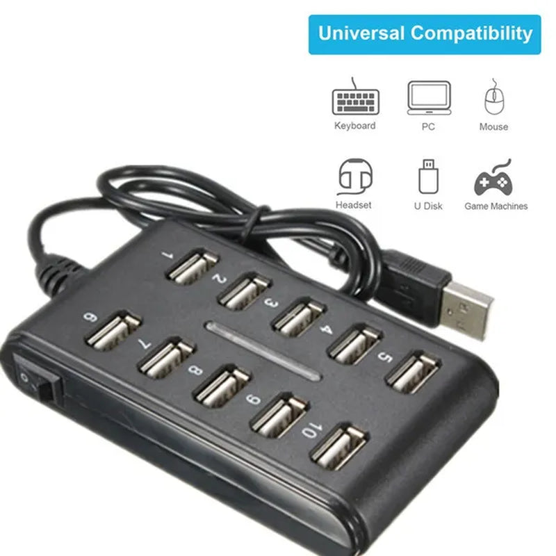 Portable 1PC General Purpose Work Home with Switch ABS Plastic Double Row Ten Port USB HUB