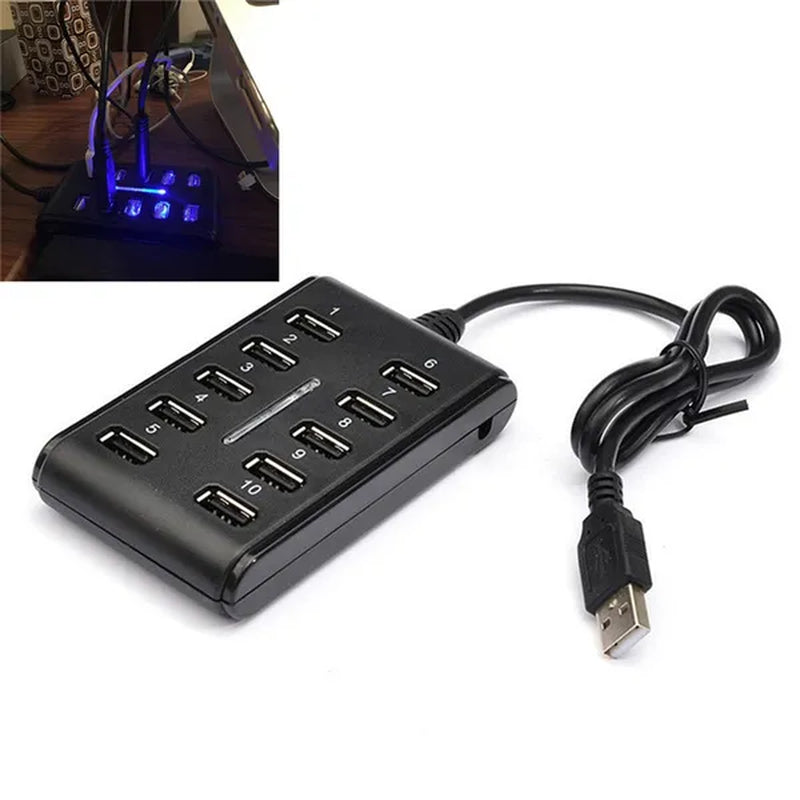 Portable 1PC General Purpose Work Home with Switch ABS Plastic Double Row Ten Port USB HUB