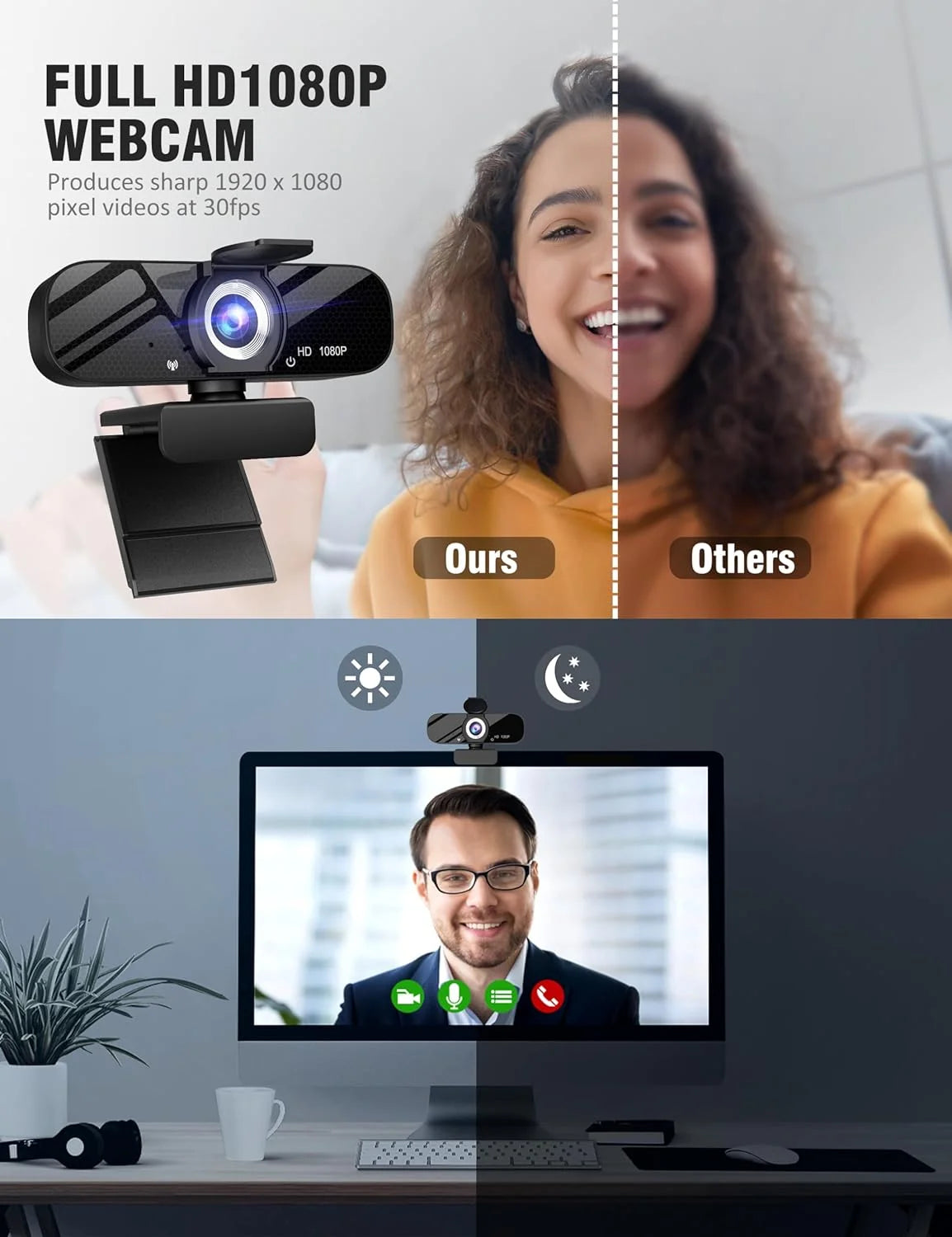 Full HD 1080P Webcam with Privacy Shutter and Tripod, Pro Streaming Web Camera with Microphone, Widescreen USB Computer Camera for Laptop Desktop