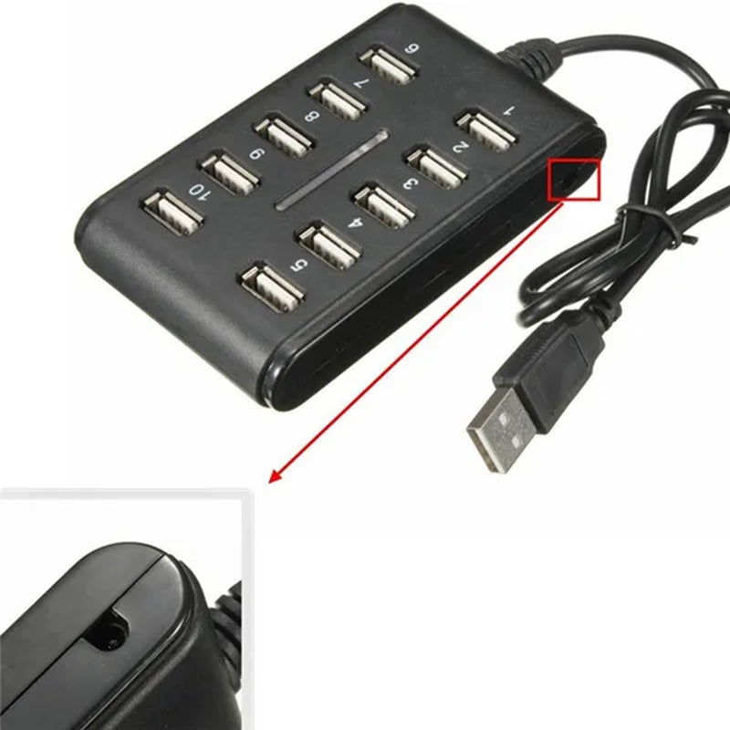 Portable 1PC General Purpose Work Home with Switch ABS Plastic Double Row Ten Port USB HUB